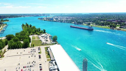 Aerial of Port Huron across St Clair River from Sarnia, Ontario, Canada 4K