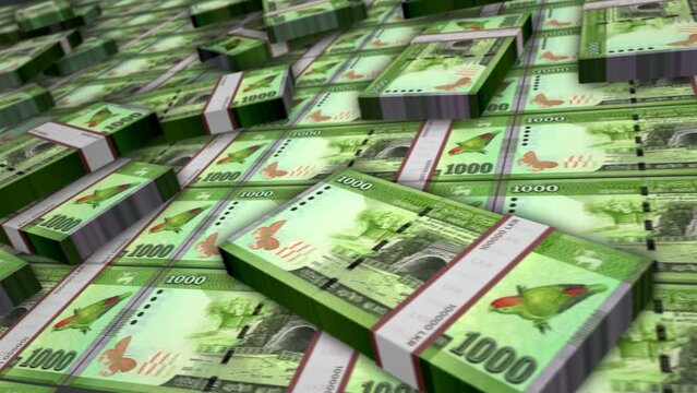 Sri Lanka money Sri Lankan Rupee banknote bundle loop. 1000 LKR money stacks. Concept of business, economy, banking and finance. Camera over cash packs. Loopable seamless 3d animation.