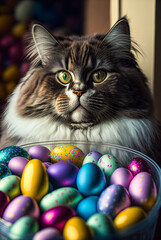 Cat with Easter eggs, vertical. Generative AI