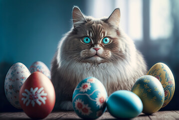 Fototapeta na wymiar Cat with Easter eggs. Generative AI