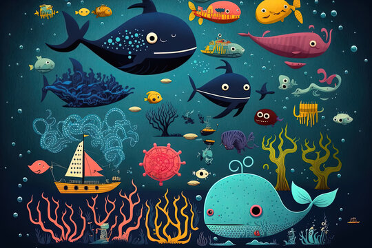 Cartoon picture for children including a cute octopus fish, bathyscaphe, crab, ship, star, hammerhead shark, sea horse, and other water life. Generative AI © 2rogan