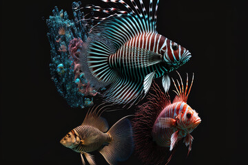 Obraz na płótnie Canvas Fish, lionfish, zebra, and volitan pterois. Generative AI