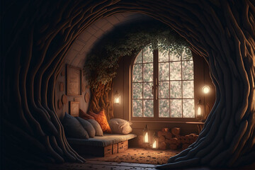 cozy interior inside a tree, the house of a squirrel or a chipmunk from a fairy tale, created by a neural network, Generative AI technology © Alexander