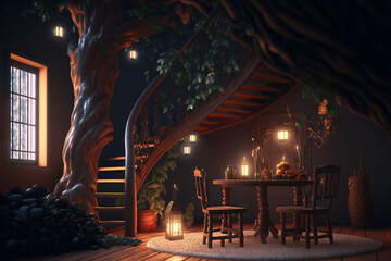cozy interior inside a tree, the house of a squirrel or a chipmunk from a fairy tale, created by a neural network, Generative AI technology © Alexander
