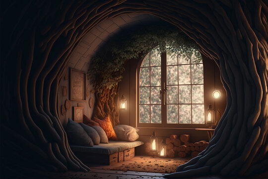 cozy interior inside a tree, the house of a squirrel or a chipmunk from a fairy tale, created by a neural network, Generative AI technology