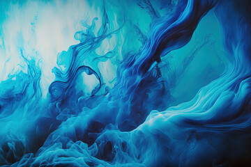 Abstract blue acrylic paint background with flowing art undersea ocean of lactic smoke. Generative AI