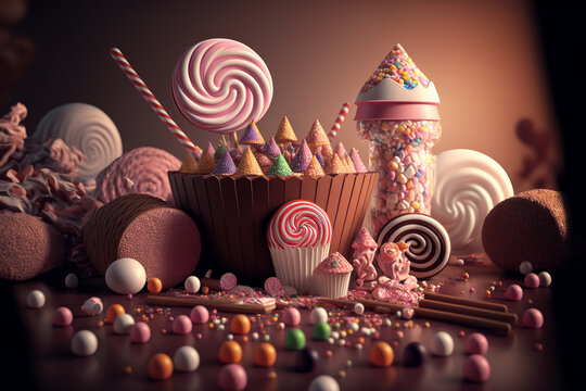 fantasy landscape of sweets, created by a neural network, Generative AI technology