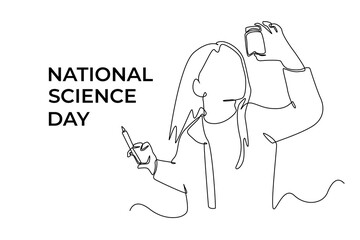 Continuous one line drawing scientific girl looking reaction in tube. Science day concept. Single line draw design vector graphic illustration. 