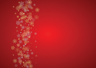 Christmas snow on red background. Glitter frame for winter banners, gift coupon, voucher, ads, party event. Santa Claus colors with golden Christmas snow. Horizontal falling snowflakes for holiday.