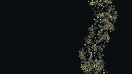 Glitter snowflakes frame on white horizontal background. Shiny Christmas and New Year frame for gift certificate, ads, banners, flyers. Falling snow with golden glitter snowflakes for party invite