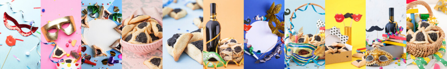 Festive collage of tasty hamantaschen cookies, wine and decor for Purim on color background