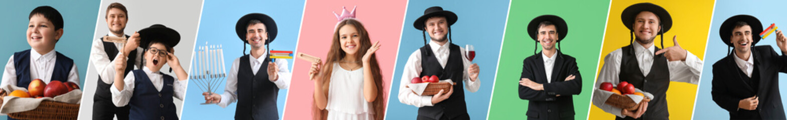 Group of happy Jewish people on color background. Happy Purim celebration