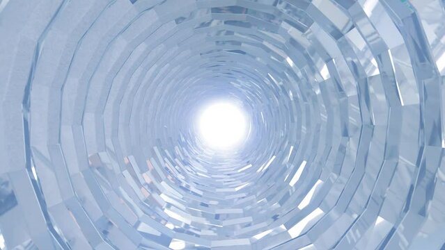 A rotating silver metal chrome shiny tunnel with walls of ribs and lines in the form of a circle with reflections of luminous rays. Abstract background. Video in high quality 4k, motion design