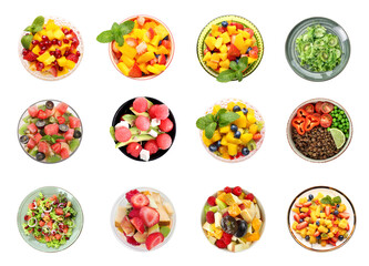 Collage of plates with fresh salads on white background