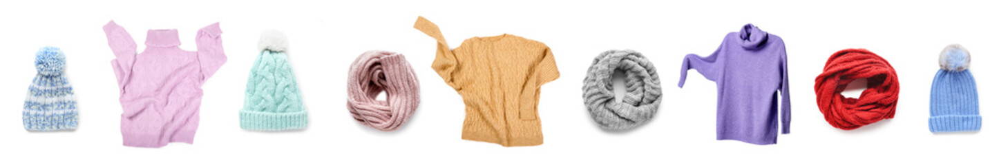Collage of stylish knitted sweaters and accessories on white background