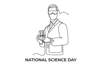 Continuous one line drawing male scientific holding tubes. Science day concept. Single line draw design vector graphic illustration. 