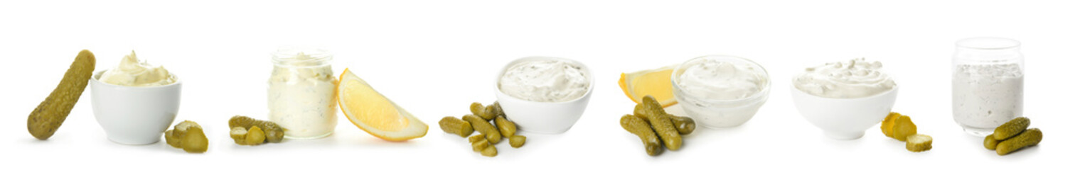 Collage of tasty tartare sauce on white background