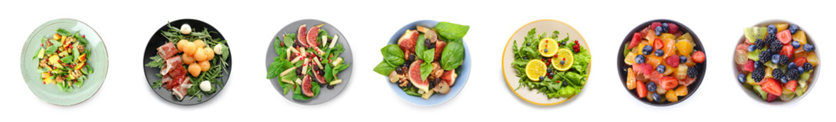 Collage of plates with healthy salads on white background
