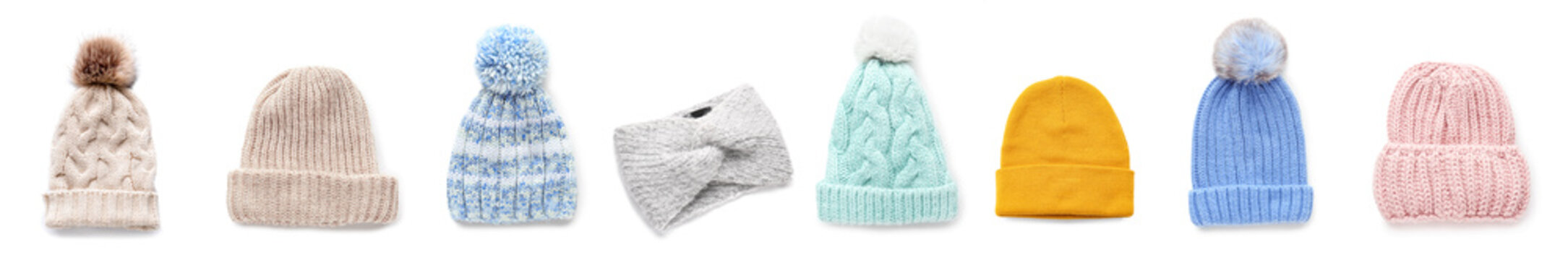 Collage of stylish knitted hats and headband on white background