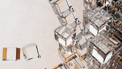 A set of many clear glass cubes that are collapsing under emerald orange lighting background. Conceptual 3D CG of blockchain, financial system and personal data analysis.