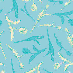 Fototapeta na wymiar Beautiful tulip flowers and leaves pattern design. Good for prints, wrapping, textile, and fabric. Hand-drawn background. Botanic Tile. Surface pattern design.