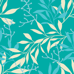 Fototapeta na wymiar Beautiful colorful leaves pattern design. Good for prints, wrapping, textile, and fabric. Hand-drawn background. Botanic Tile. Surface pattern design.
