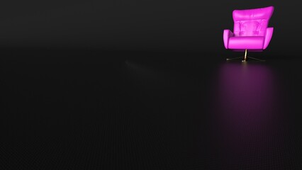 Luxury purple leather arm chair on black background under spot light. Concept image of player oath, strategy meeting and lonely struggle. 3D illustration. 