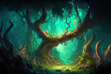 Fototapeta na wymiar Video game's digital CG graphics, concept, and realistic cartoon style background The Virgin Forest. Generative AI
