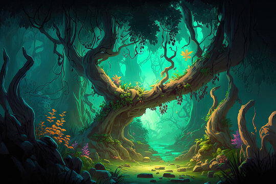 Video game's digital CG graphics, concept, and realistic cartoon style background The Virgin Forest. Generative AI