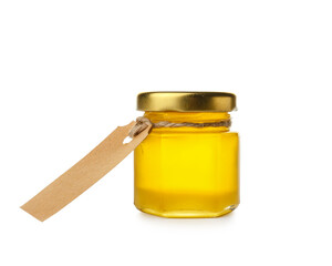 Honey bonbonniere with blank tag on white background