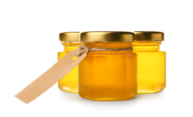 Honey bonbonnieres with blank tag on white background