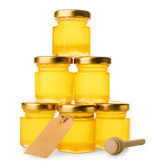 Honey bonbonnieres with blank tag and dipper on white background