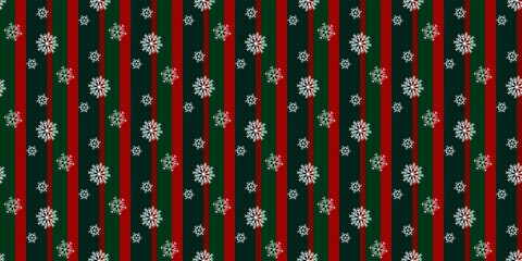 Christmas seamless snowflake vector holiday texture White Snowflakes on a Green and Red striped background. Christmas pattern with snowflakes. For Gift Wrapping Paper Pattern Texture Wallpaper Winter