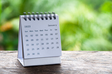 January 2023 table calendar with customizable space for text or ideas. Monthly calendar concept and...