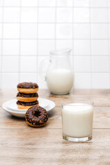 Mini donuts with chocolate glaze served with glass of milk.tasty sweet creamy doughnuts dessert food