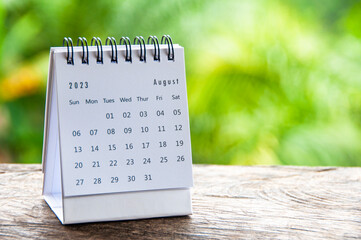 August 2023 table calendar with customizable space for text or ideas. Monthly calendar concept and copy space.