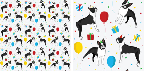 Happy Birthday Pattern with Boston Terrier dog in a party hat, seamless texture. Repeatable textile, wrapping paper, white background graphic design. Holiday wallpaper with staying dogs, and confetti.