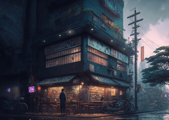 Obraz premium cyberpunk city, landscape, tech, neon, street, art illustration