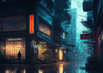 cyberpunk city, landscape, tech, neon, street, art illustration