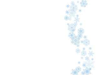 Winter frame with blue snowflakes for Christmas and New Year celebration. Horizontal winter frame on white background  for banners, gift coupons, vouchers, ads, party events. Falling frosty snow.