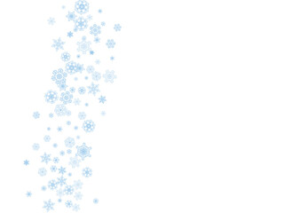 Winter frame with blue snowflakes for Christmas and New Year celebration. Horizontal winter frame on white background  for banners, gift coupons, vouchers, ads, party events. Falling frosty snow.