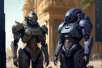 Naklejka premium 2 futuristic strong robot soldiers on the street by Generative AI