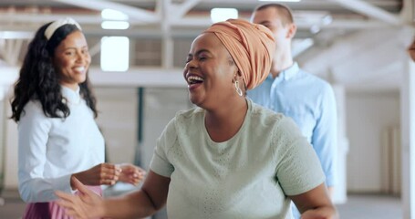 Diversity, team and black woman dance at office party event, celebrate startup mission success or job promotion. Dancing group energy, business team building and excited dancer happy for sales goals