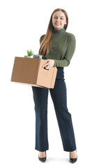 Happy fired young woman holding box with her stuff on white background