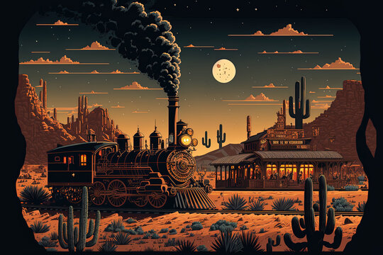 Cartoon picture of a nighttime wild west steam train in a western town with a railroad, a vintage engine, a desert environment with cacti, and ancient wooden city structures including a hotel, post, b