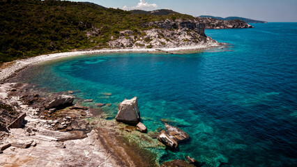 Panoramic beach, rocks and sea