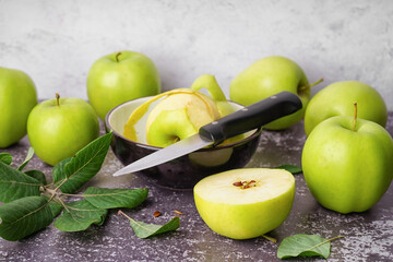 Ripe green apples on table