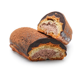 Halves of delicious chocolate eclair on white background