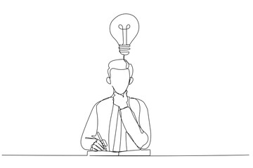 Cartoon of businessman thinking on productive ideas sitting at laptop and notepad for notes. One line art style