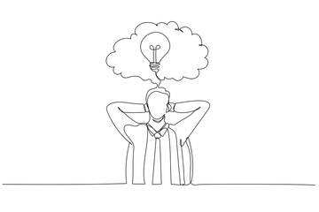 Cartoon of businessman sitting in office chair in front of a wall with cloud thought. Single line art style